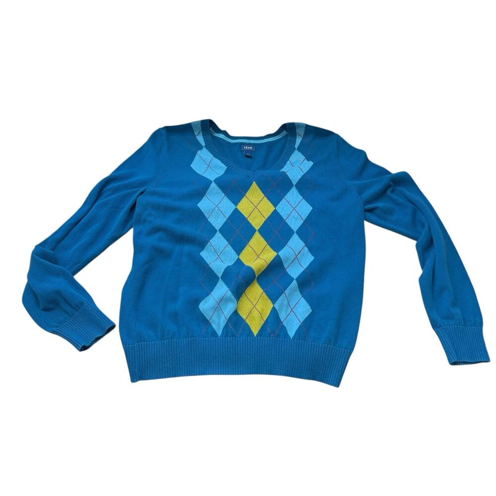 IZOD Womens V-Neck Sweater Size Large Royal Blue Argyle Diamond 100% Cotton Prep